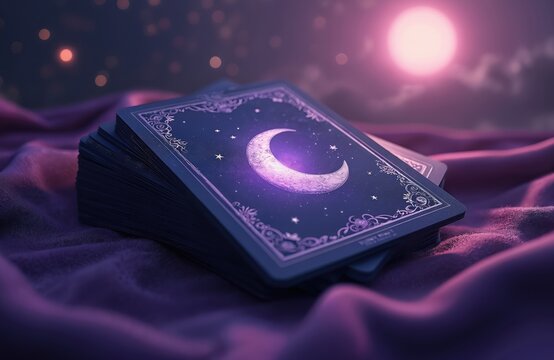Mystical tarot cards with crescent moon design under starry night sky. Cards stacked on velvet fabric. Concept divination, astrology, fortune telling, spiritual guidance, esoteric practice, magic.