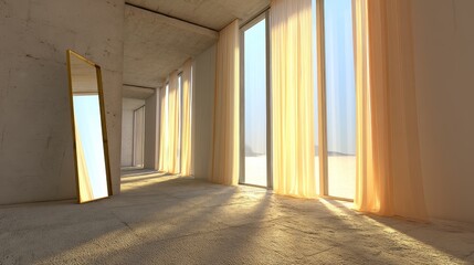 Sunlit Modern Interior with Gold Mirror - A minimalist room bathed in sunlight, featuring a tall gold-framed mirror and sheer curtains. The concrete floor and walls add to the contemporary feel