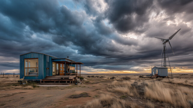 Contemporary off-grid cabin with rainwater tanks and wind turbine