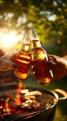 Celebration of friendship with clinking beer bottles against a warm summer backdrop of grill smoke and lush greenery
