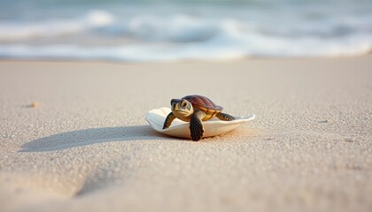 Obraz premium Adorable baby sea turtle resting on a shell at the beach with serene ocean waves in background, marine conservation illustration