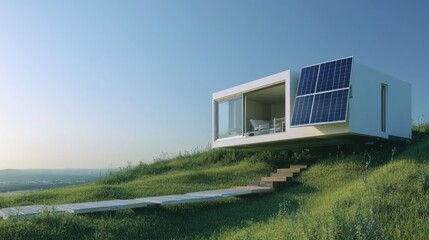 Obraz premium Modern Eco-Friendly House on Hilltop with Solar Panels