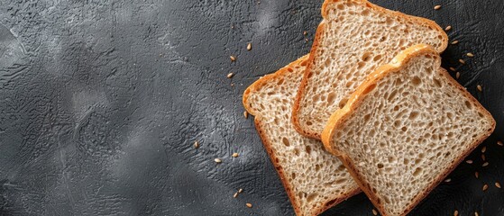 Top down view of sliced bread scattering at colorful background. Macro photography or close up of baked bread made from grain scattering at texture various background. Flat lay composition. AIG55.
