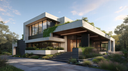 Fototapeta premium Modern home with green roof and vertical garden
