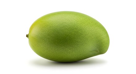 A mango with its sliced half placed in front, emphasizing the juicy golden flesh and green peel.