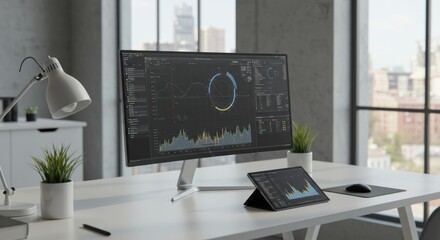 Computer monitor displaying data charts on a white desk in a bright room.