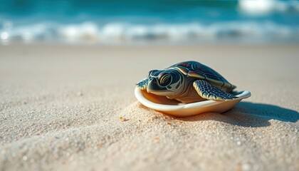 Obraz premium Serene Beach Haven: A Tranquil Sea Turtle Resting on Warm Sands under Azure Skies, Evoking Peace and Coastal Harmony
