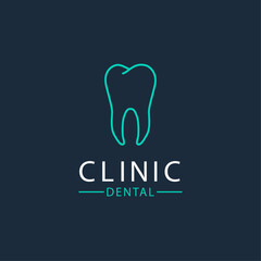 Tooth linear icon isolated on a blue background. Dental care clinic logo design with linear tooth icon