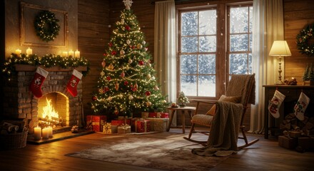 Cozy Christmas cabin scene by the fireplace