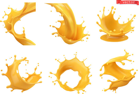 Fruit splashes. Orange juice 3d realistic vector set