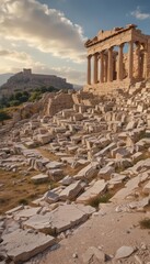 Fototapeta premium Ancient Athenian Odeon theatre ruins, Acropolis hill setting, aged, athens