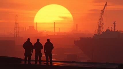 Shipping, vessels, and customs. Three silhouettes against a vibrant sunset over an industrial landscape.