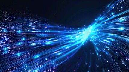Fototapeta premium Abstract blue digital network background with lines and nodes. Digital artwork of glowing digital wave waving and flowing at black background. Technology innovation and data visualization. AIG55.
