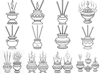 Incense burners outline vector illustration isolated on white background.