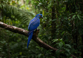 Naklejka premium Vibrant Blue Macaw Perched on Tree Branch in Lush Tropical Rainforest