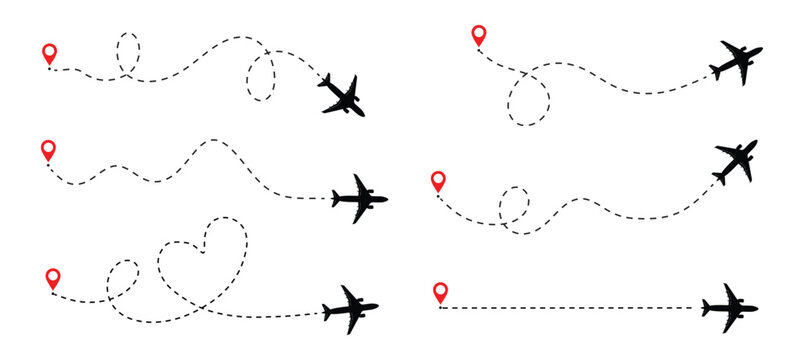 Airplane route vector set: dotted flight path illustration - downloadable graphics for travel and navigation designs