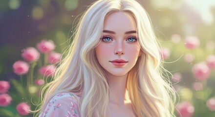 Blond woman with light blue eyes in a garden setting, radiating a gentle beauty