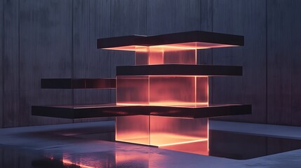 A modular structure with cascading glowing platforms and reflective finishes