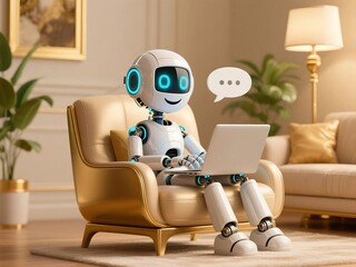 Happy 3D Chatbot Robot Character – Friendly AI Assistant . Artificial intelligence, trendy technology, support service, funny ,futuristic icon