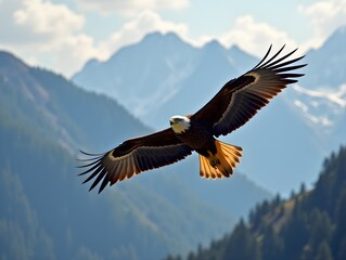 Obraz premium Golden Eagle Aquila chrysaetos family Accipitridae soaring over mountain peaks apex bird of prey symbolizing power avian wildlife ecological diversity in rugged terrains