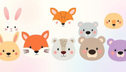 Adorable animal faces, a collection of illustrated woodland creatures in a cheerful and endearing style for children's design projects