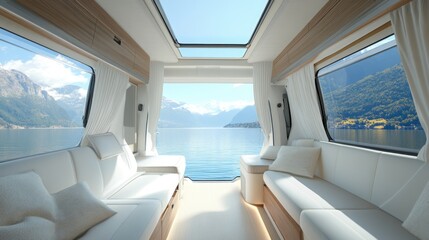 Luxury RV Interior with Stunning Lake and Mountain View
