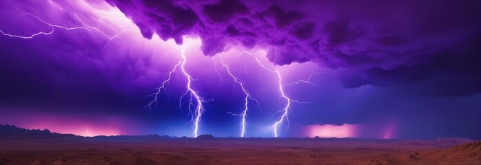 Violent purple-blue sky, jagged bolts of lightning illuminating clouds, lightning storm, spectacular