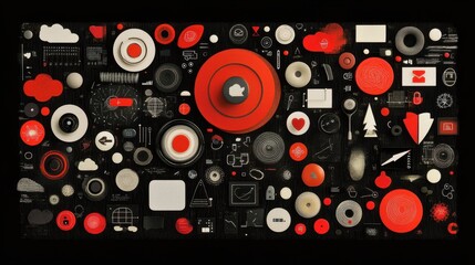 Fototapeta premium Retro Geometric Pattern Illustration with Red and White Shapes on Black Background Seamless Abstract Backdrop for Modern Design Projects