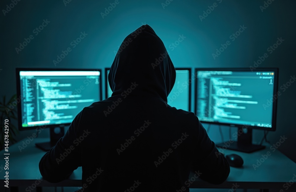 Aufkleber silhouette hacker at computer monitors in dark room. security breach concept. coding on display. cyb