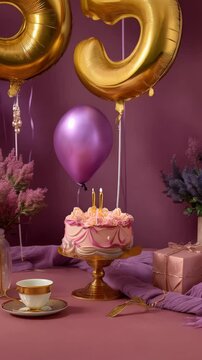 Festive 35th birthday celebration with golden balloon numbers, cake, purple balloons, tassels, and elegant table setting, evoking joyous milestone celebration