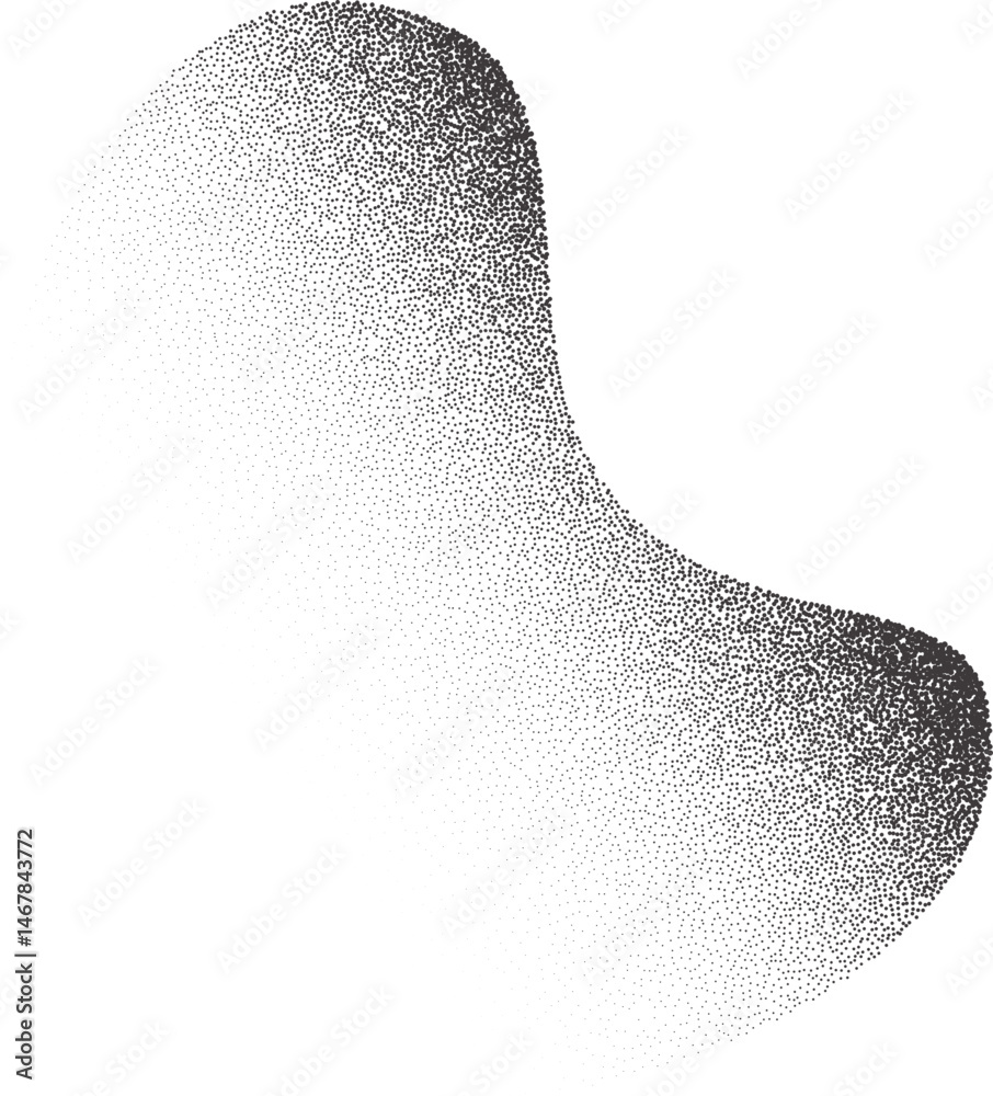 Poster grainy dotted abstract shape. noisy gradient with black stipple shadow. liquid figure with dotted fa