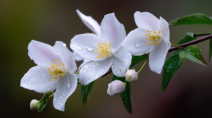 Delicate white flowers with pink accents and raindrops, showcasing nature's beauty in a serene garden