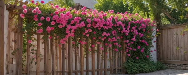 Fototapeta premium Abundant pink blooms tumble down weathered wooden trellis in sunny courtyard , vibrant, floral arrangement, cascade