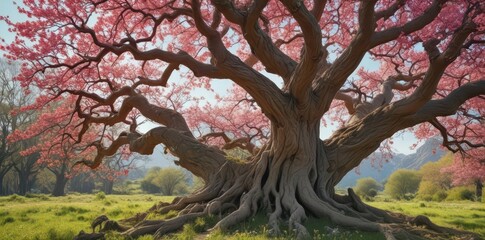 Fototapeta premium Ancient gnarled tree, vibrant spring blossoms, lush vines , garden, outdoors