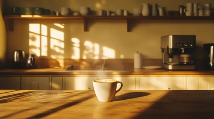 A warm cup of coffee sits on a wooden table. Sunlight casts shadows in a cozy kitchen. Perfect morning vibes and coffee moments await.