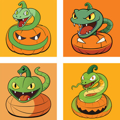 Obraz premium Cartoon Halloween Snake Characters Wrapped Around Jack O Lantern Pumpkins Set