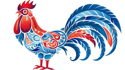 Vibrant Red Rooster with Multicolor Tail in Blue Ornamental Background