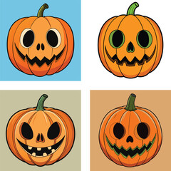 Halloween Pumpkin Cartoon Illustrations Set Of Spooky Jack O Lanterns With Different Backgrounds