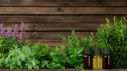 Natural healing space with essential oils and fresh herbs creates calming atmosphere for wellness and relaxation