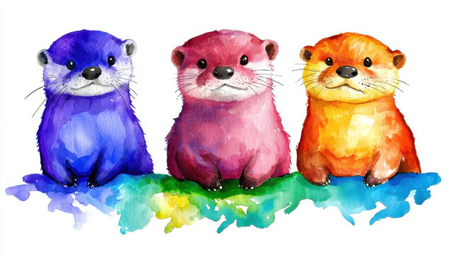 Playful otters in vibrant colors, showcasing whimsical and cheerful expression. Their unique hues add charm to scene