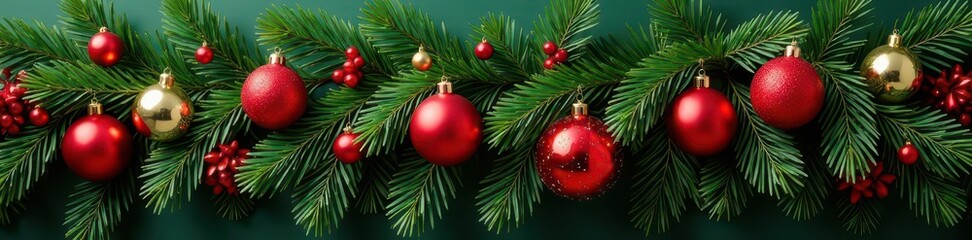 Fototapeta premium Luxurious evergreen garland draped with vibrant red & gold ornaments , winter garland, evergreen garland, holiday garland