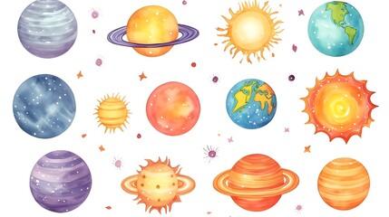 Colorful Cartoon Planets and Stars in Solar System Illustration for Children's Education Materials