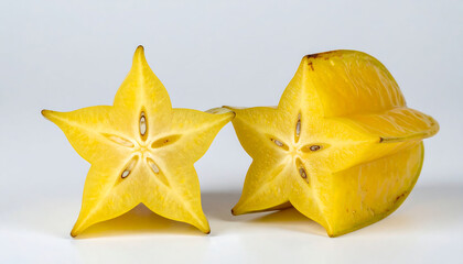 Fototapeta premium Two starfruit with one cut to reveal the interior