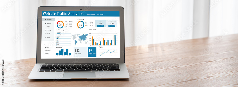 Poster computer software for website traffic analytics data on computer screen. concept of seo search engin