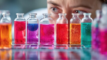 Radiologic technologist image style. Scientist examining colorful vials filled with liquids in a laboratory setting.