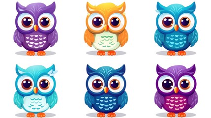 Naklejka premium Vibrant collection of six whimsical colorful owl illustrations on white background