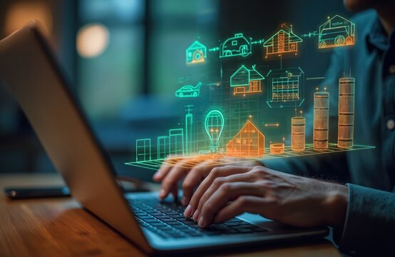 Man works laptop with hologram energy efficiency chart. Sustainable power heat pump planning visualization. Eco concept tech, environmental awareness. Home building insulation, apartment renovation,