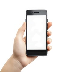 Hand holding smartphone with blank screen isolated on white background