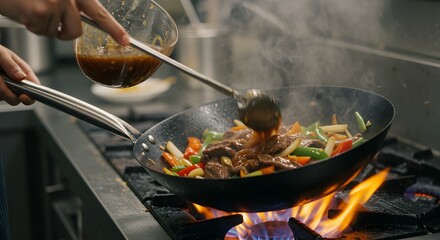 Chef adding sauce to stir fry in wok on a stove with flames in a commercial kitchen