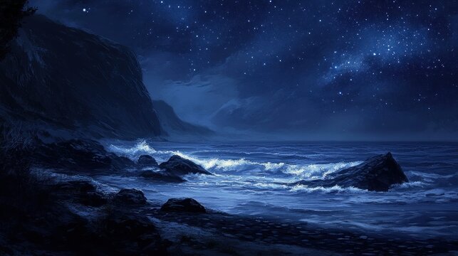 Celestial shoreline, ocean waves meet starry skies under a moonlit cliff - Powered by Adobe